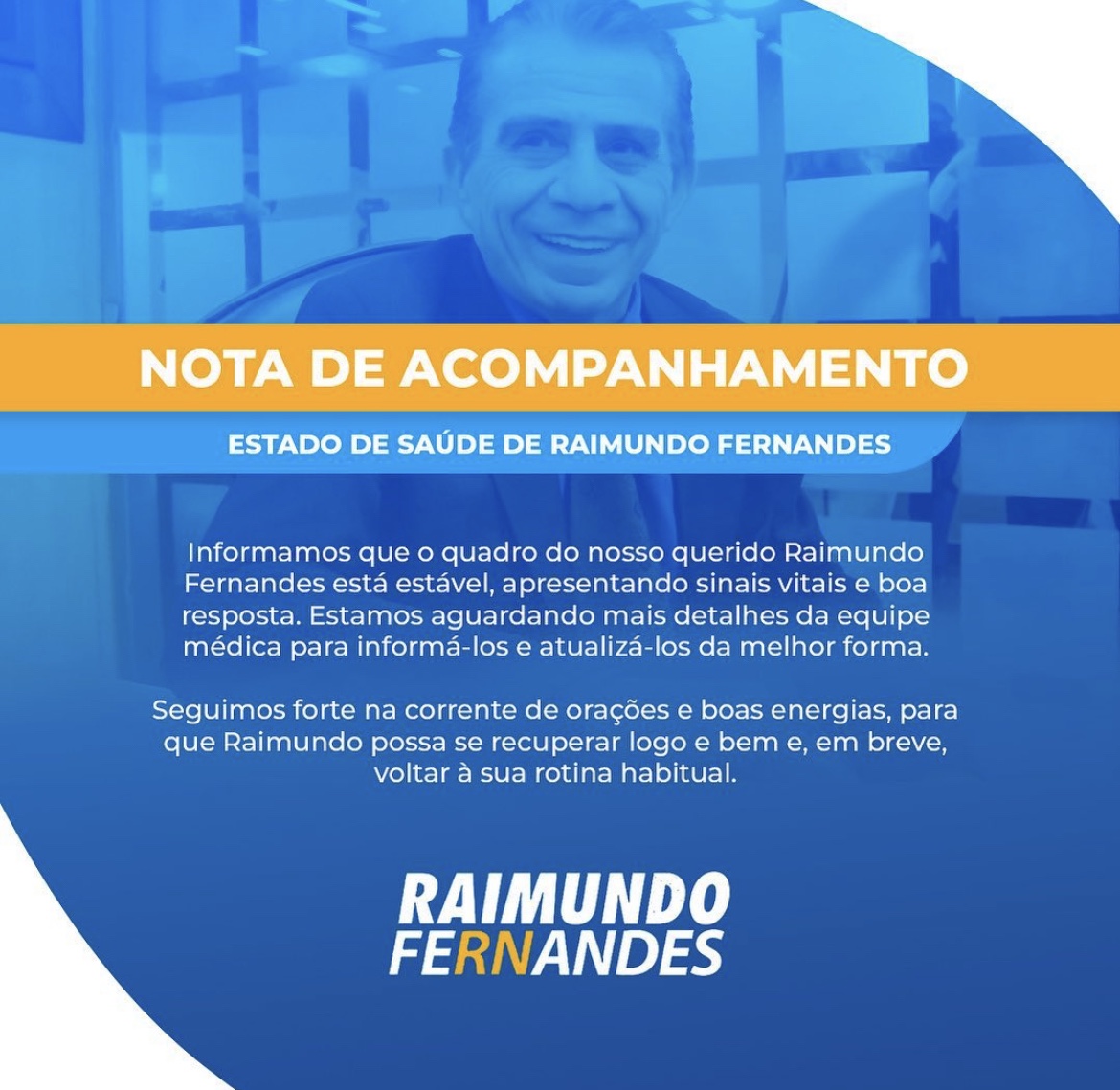 Seguimos forte em oração, o ex-deputado Raimundo Fernandes segue firme e com boa resposta aos tratamentos