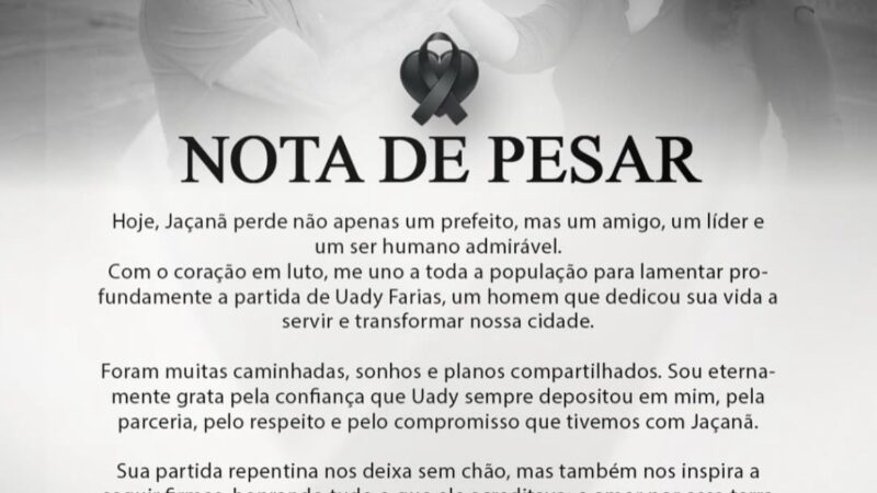 Vice-prefeita Riane Guedes assume Prefeitura de Jaçanã e lamenta morte do prefeito Uady Farias
