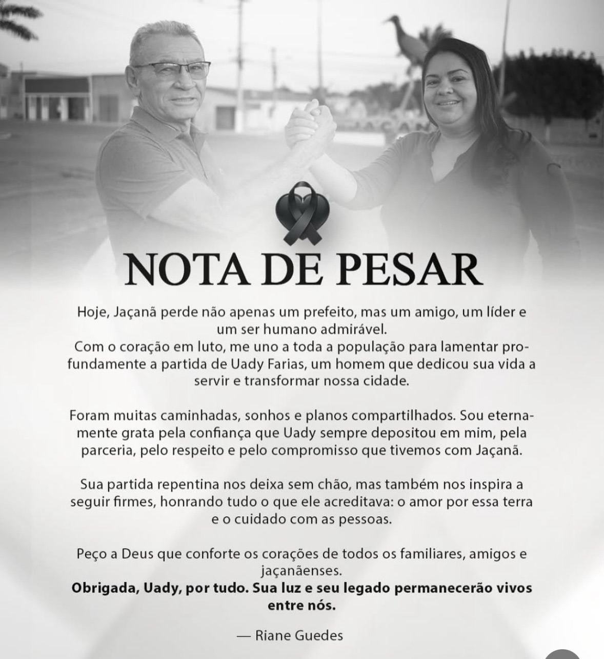 Vice-prefeita Riane Guedes assume Prefeitura de Jaçanã e lamenta morte do prefeito Uady Farias