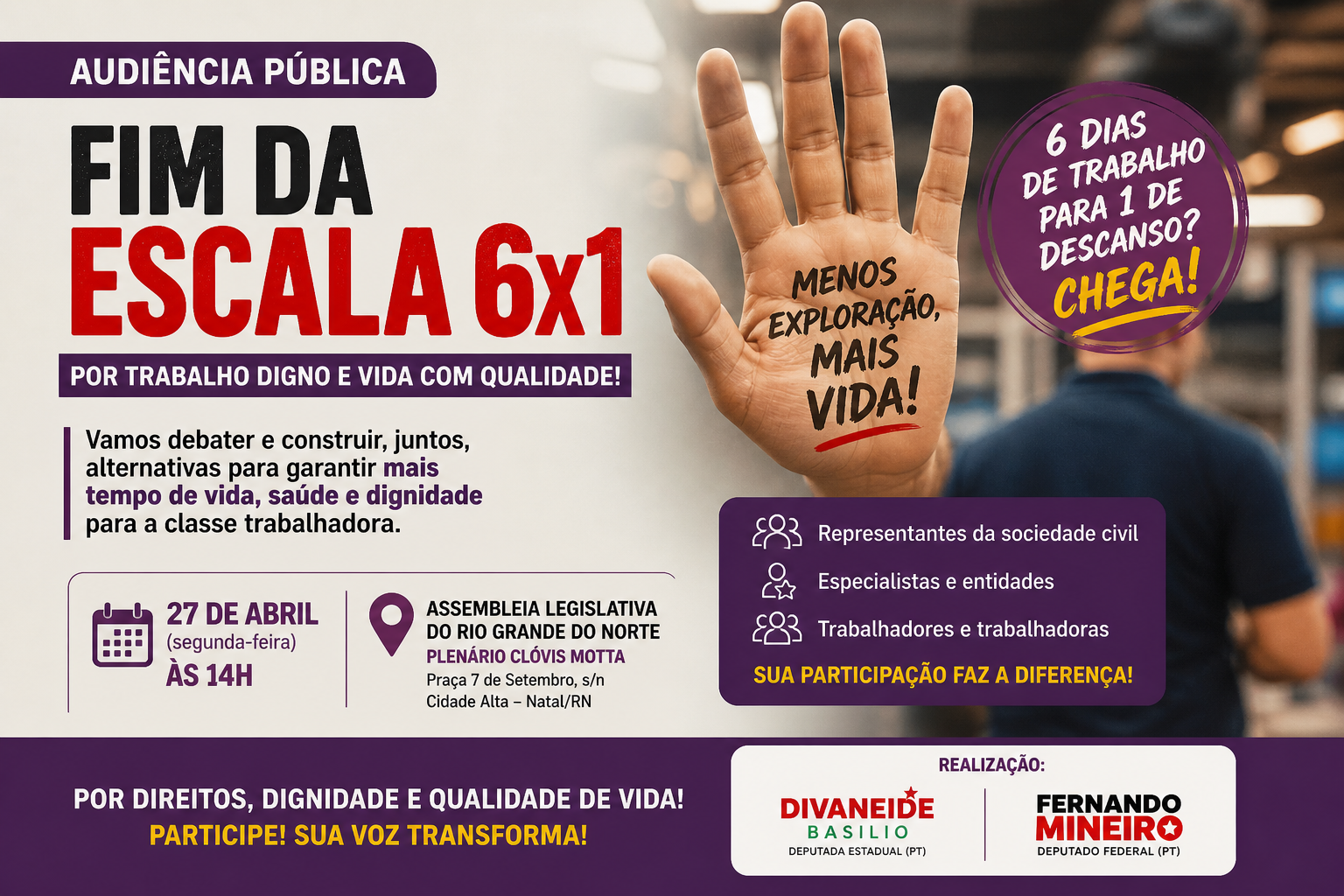 ALRN debate fim da escala 6×1 em audiência pública aberta ao público